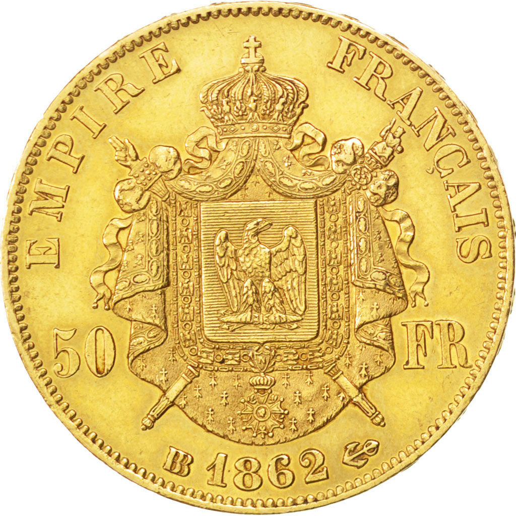 FRANCE, Napoléon III, 50 Francs, 1862, Strasbourg, KM #804.2, AU(55-58), Gold, G
