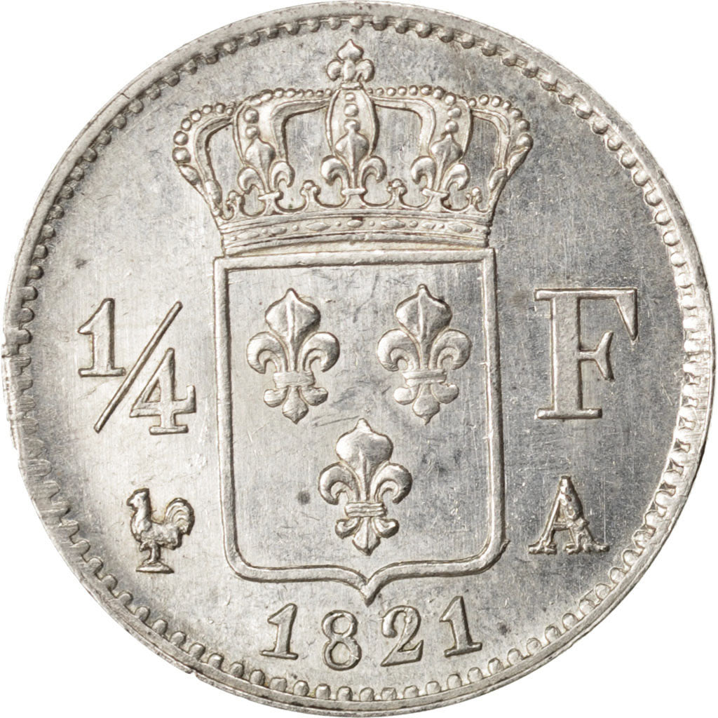 Frankrijk, Louis XVIII, 1/4 Franc, 1821, Paris, Zilver, PR+, Gadoury:352