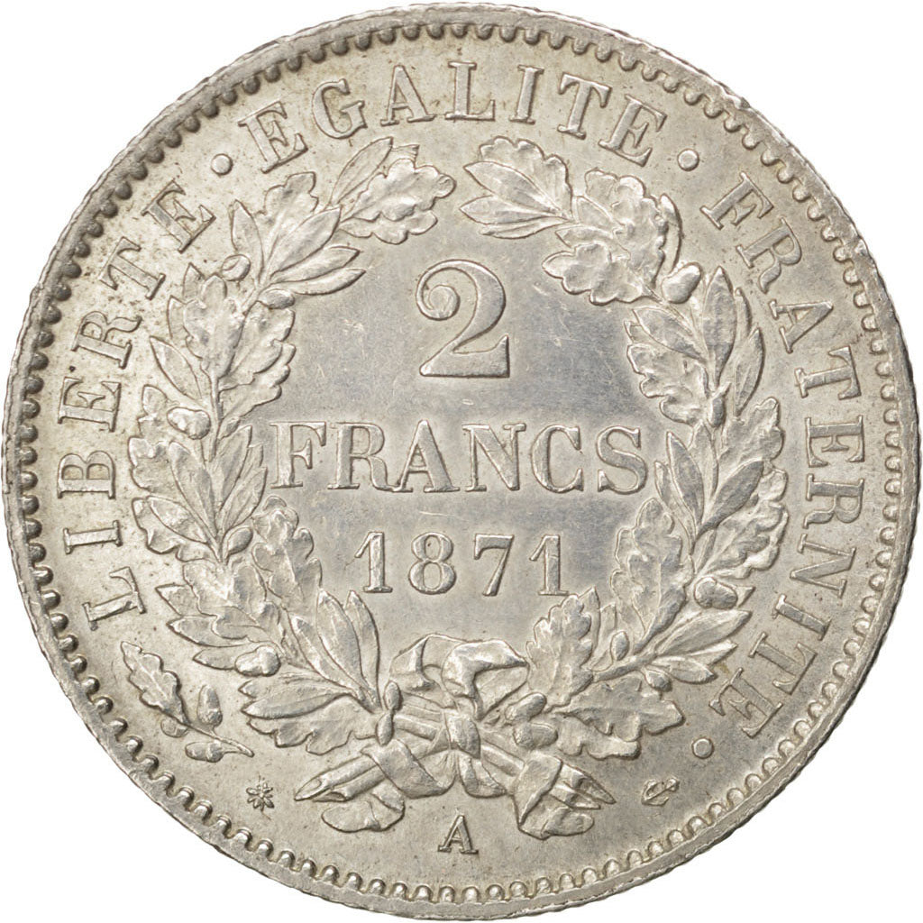 FRANCE, Cérès, 2 Francs, 1871, Paris, KM #817.1, AU(55-58), Silver, 27, Gadoury 