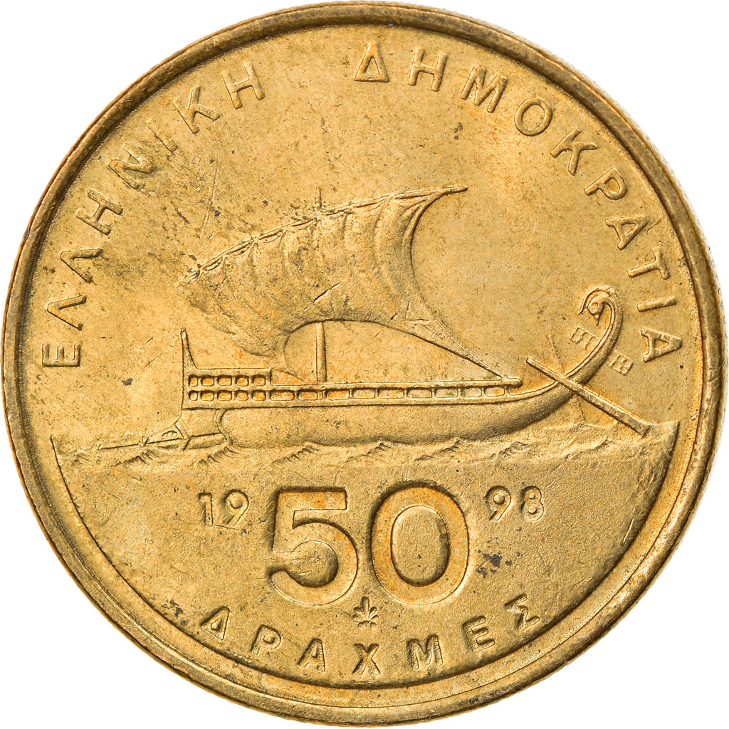 Coin, Greece, 50 Drachmes, 1998, AU(50-53), Aluminum-Bronze, KM:147