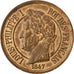 FRANCE, 2 Centimes, 1847, AU(55-58), Bronze, Gadoury #100, 1.97