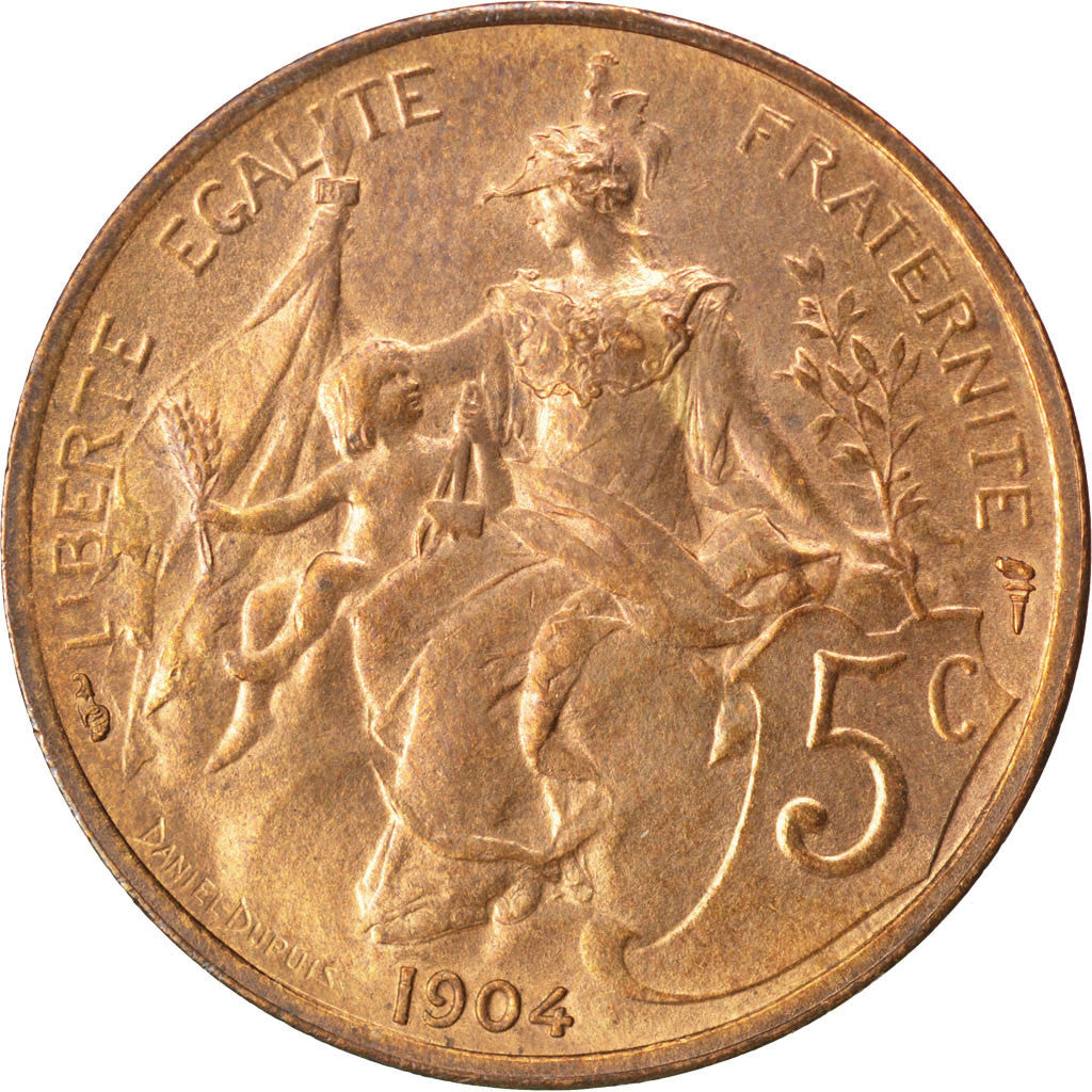 FRANCE, Dupuis, 5 Centimes, 1904, Paris, KM #842, AU(55-58), Bronze, 25.1,...
