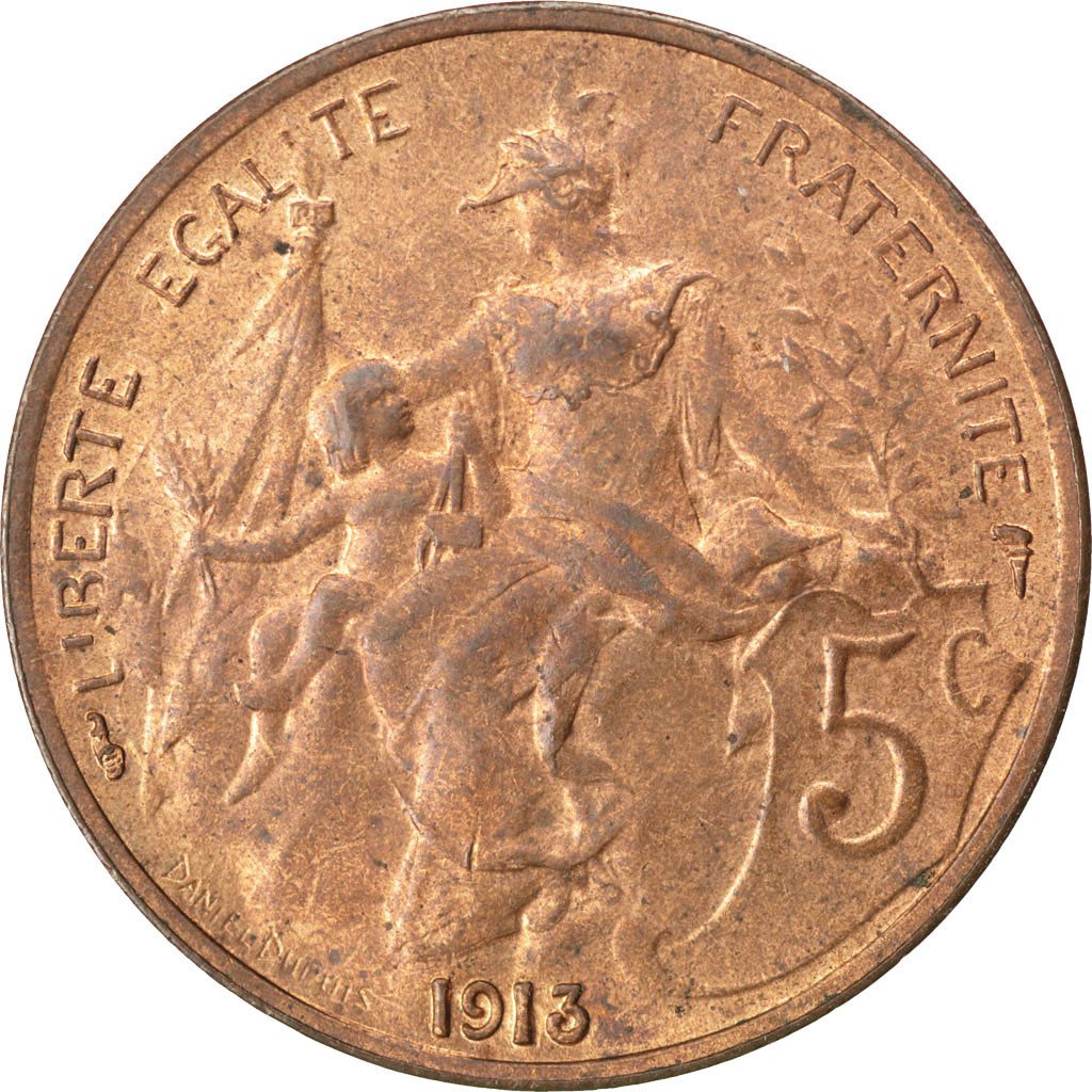 FRANCE, Dupuis, 5 Centimes, 1913, Paris, KM #842, AU(55-58), Bronze, 25.1,...