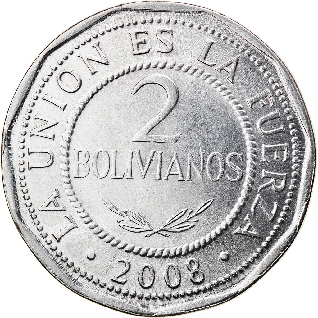 Coin, Bolivia, 2 Bolivianos, 2008, AU(50-53), Stainless Steel, KM:206.2