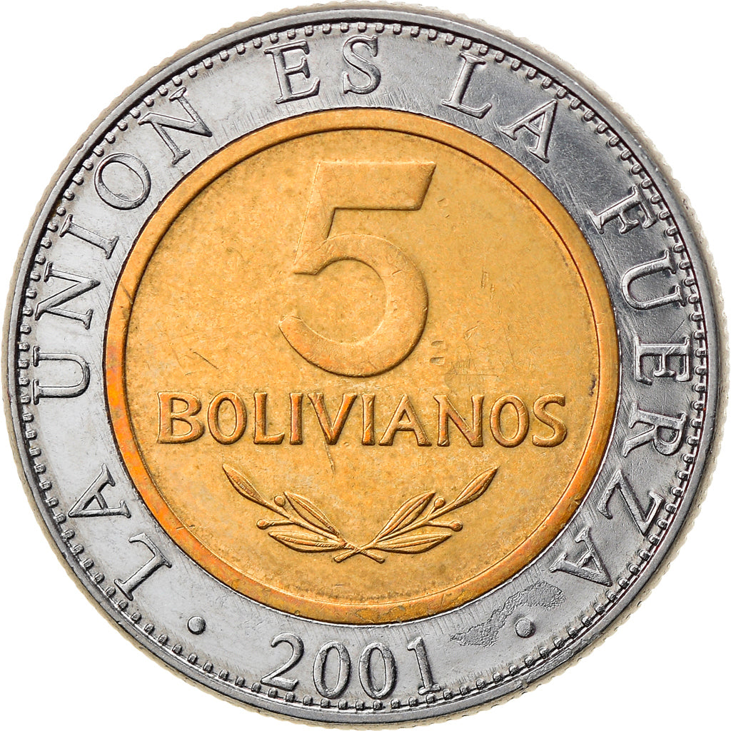 Moneda, Bolivia, 5 Bolivianos, 2001, MBC, Bimetálico, KM:212