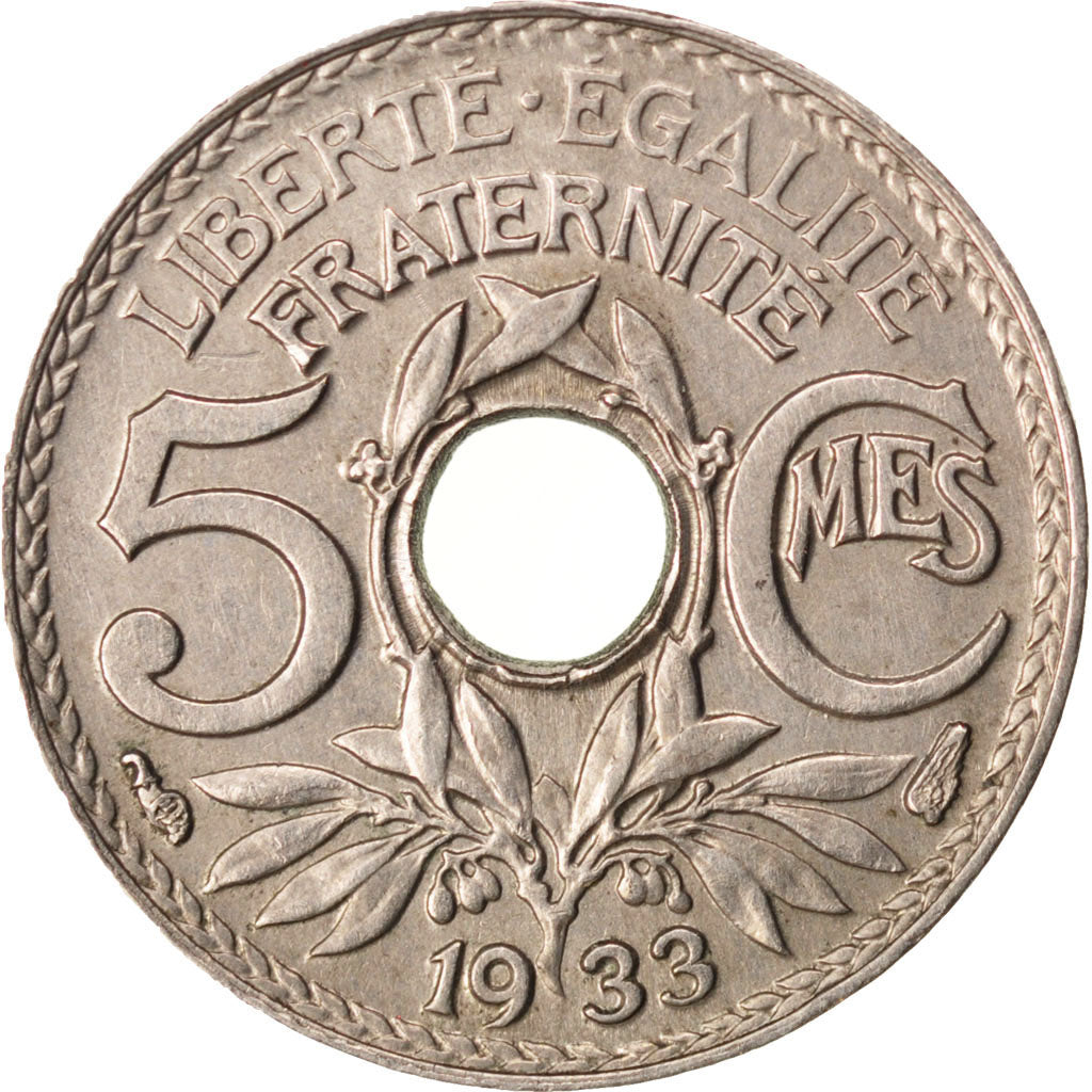 FRANCE, Lindauer, 5 Centimes, 1933, KM #875, AU(50-53), Copper-Nickel, 17,...