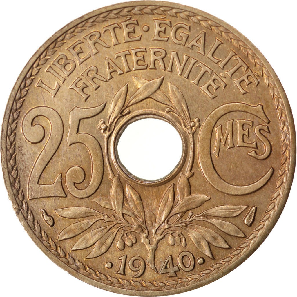 FRANCE, Lindauer, 25 Centimes, 1940, KM #867b, AU(55-58), Nickel-Bronze, 24,...