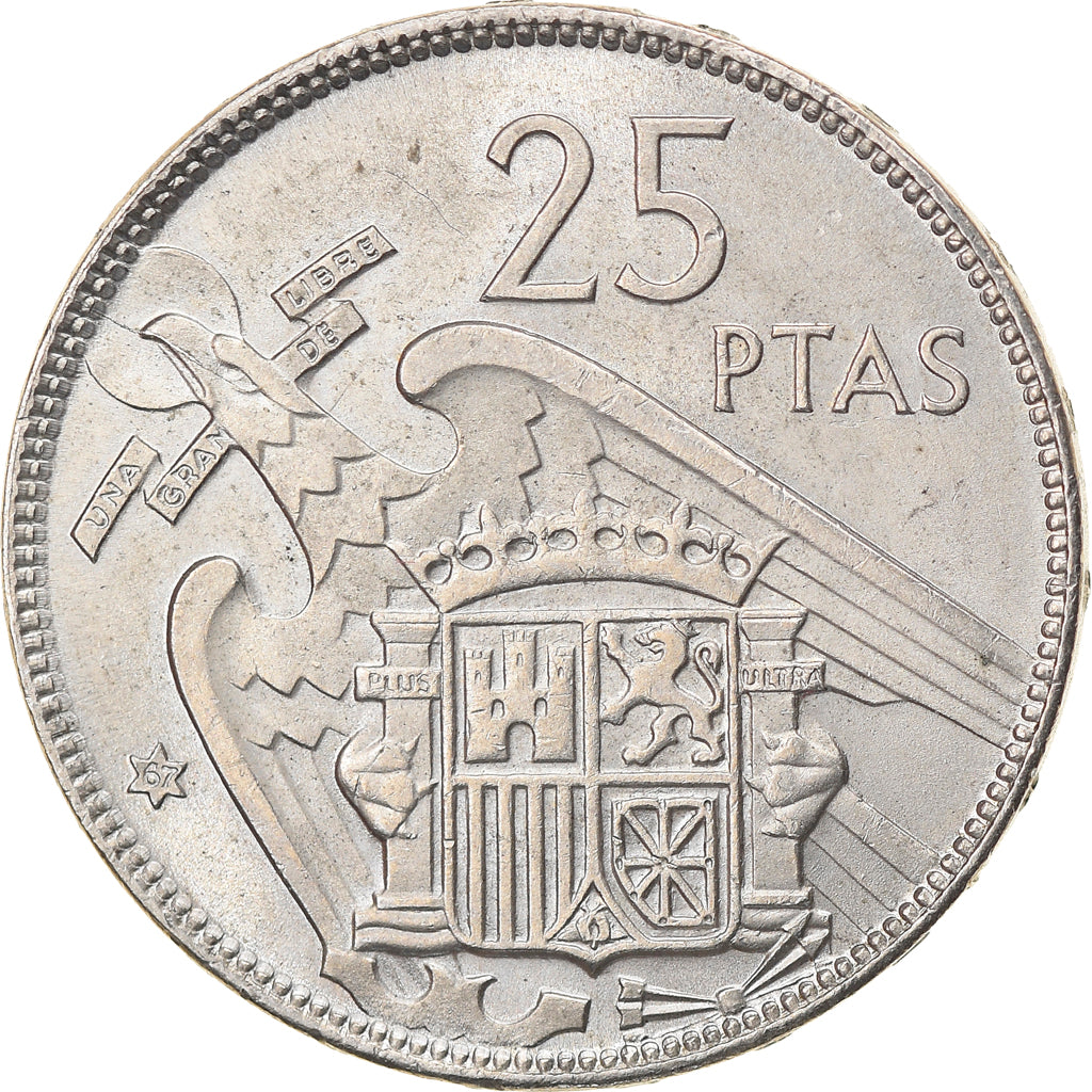 Coin, Spain, Caudillo and regent, 25 Pesetas, 1967, AU(55-58), Copper-nickel