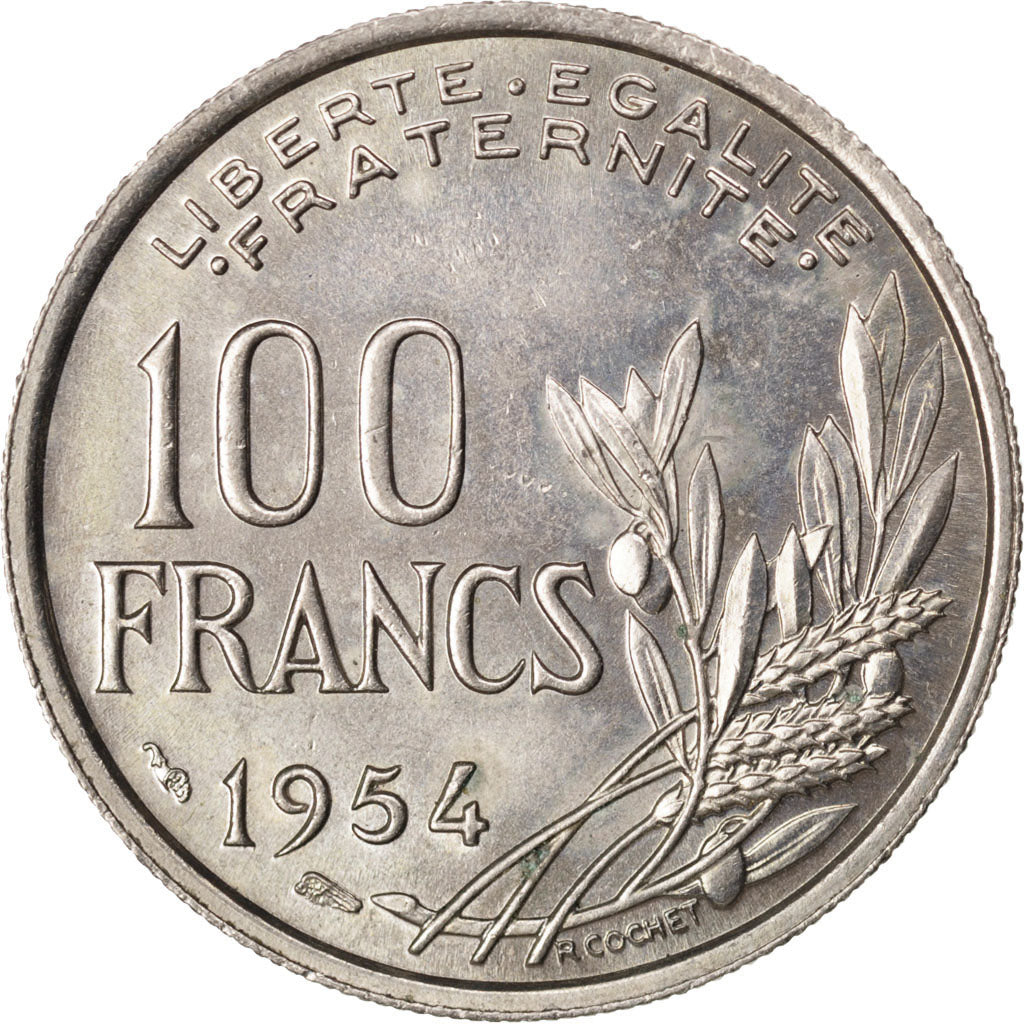 FRANCE, Cochet, 100 Francs, 1954, KM #919.1, MS(60-62), Copper-Nickel, 24,...