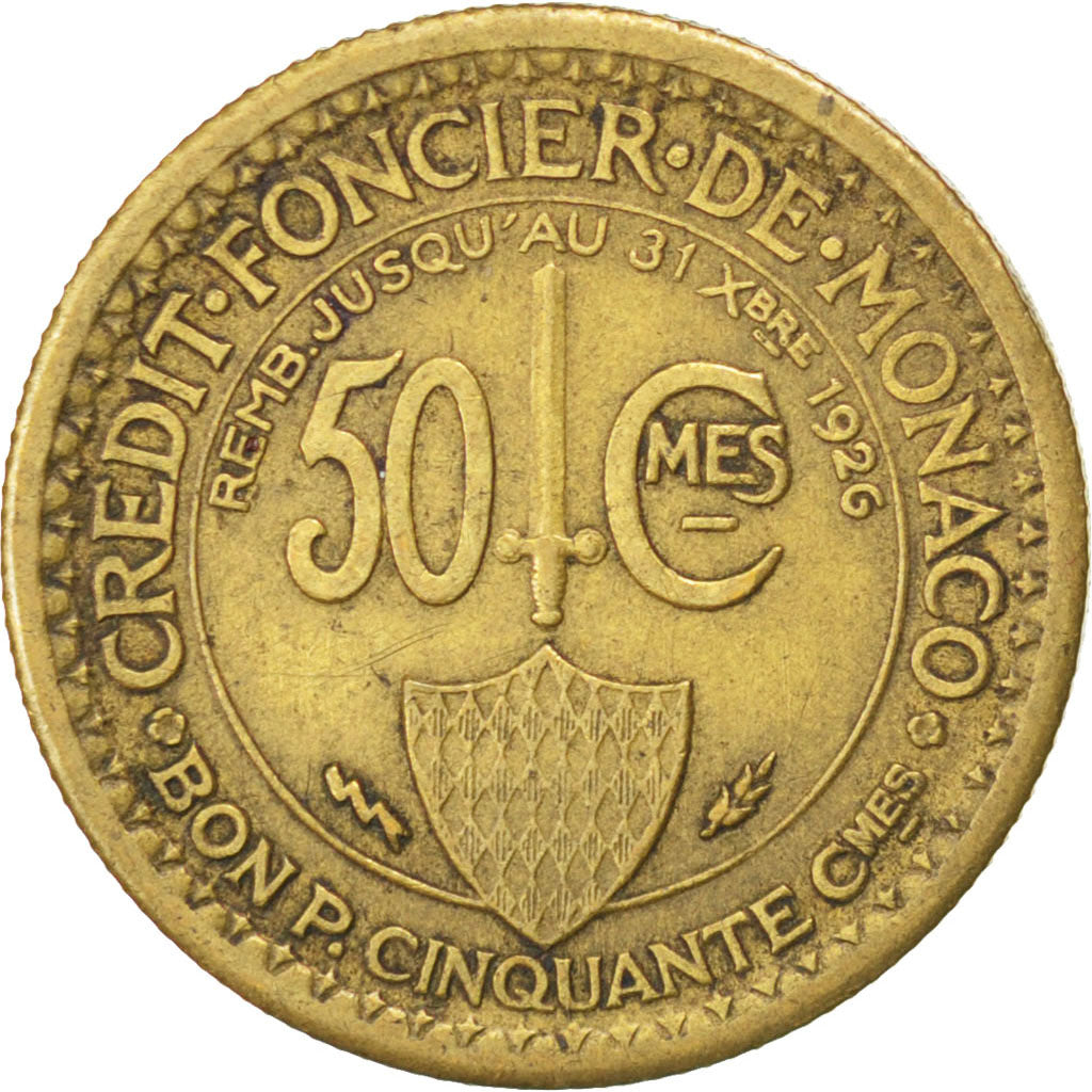 Monaco, 50 Centimes, 1924, Poissy, KM #110, EF(40-45), Cupro-Aluminium, Gadoury.
