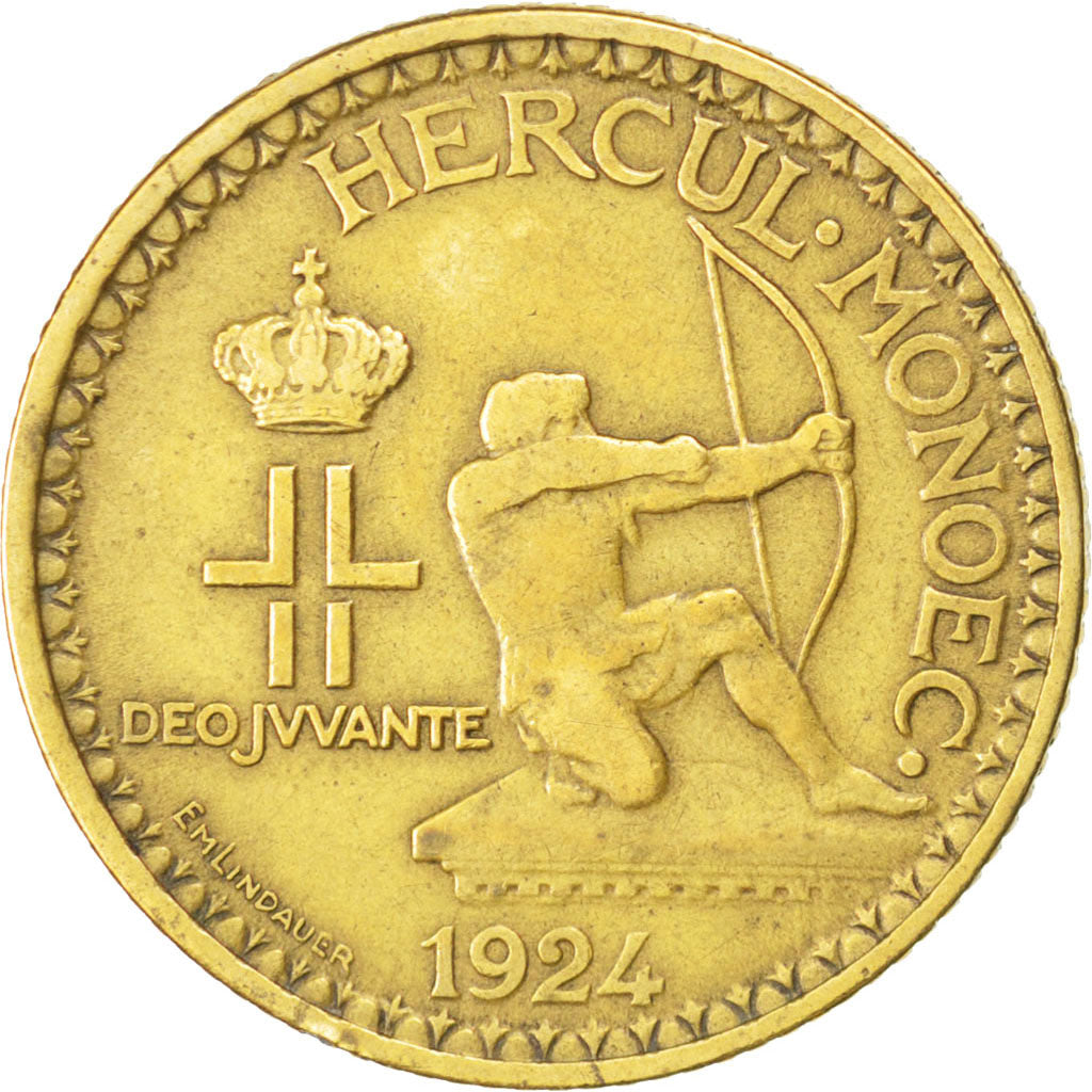 MONACO, 2 Francs, 1924, Poissy, KM #112, VF(30-35), Aluminum-Bronze, 27,...