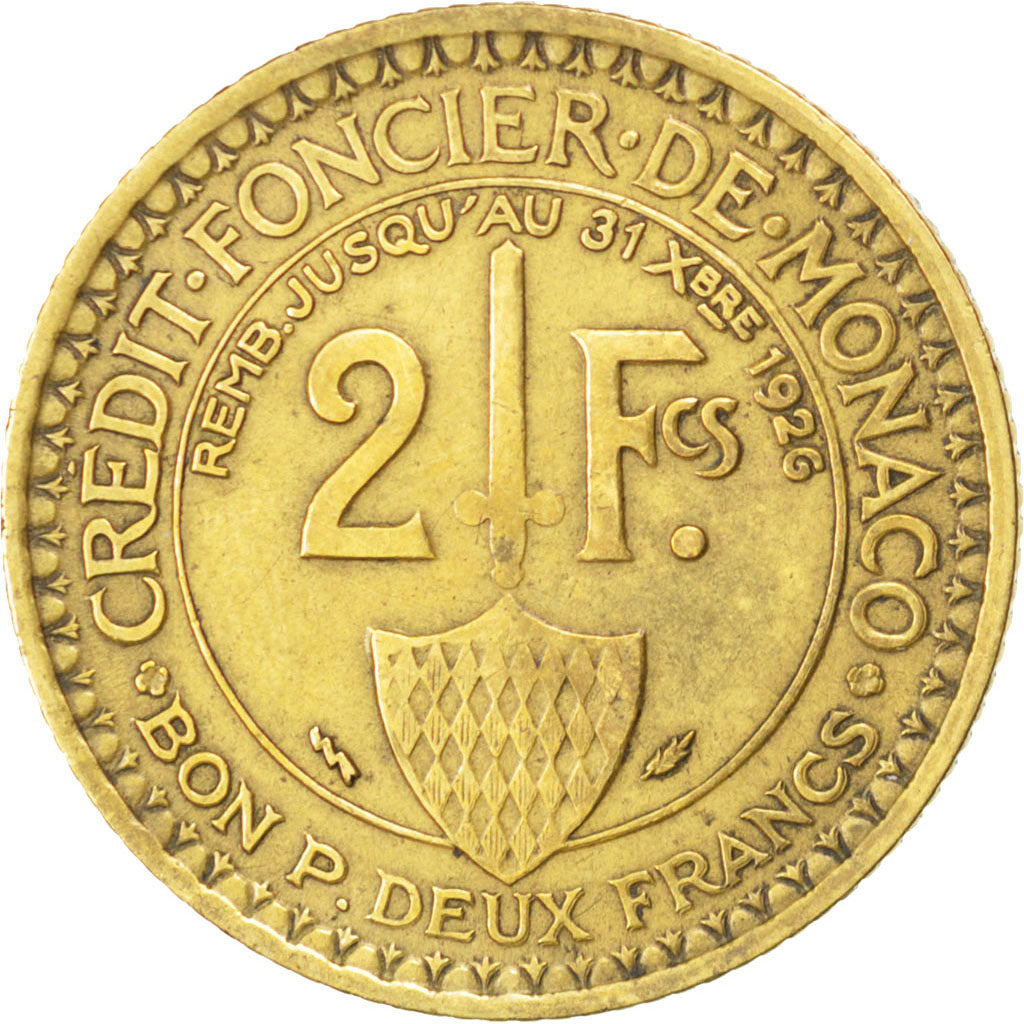 MONACO, 2 Francs, 1924, Poissy, KM #112, VF(30-35), Aluminum-Bronze, 27,...