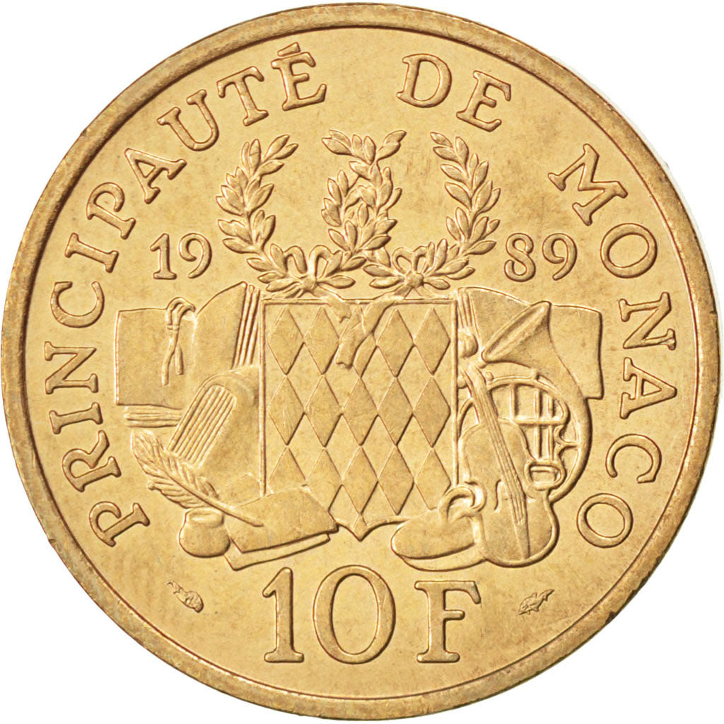 Monaco, 10 Francs, 1989, KM #162, AU(55-58), Cupro-nickel Aluminium, Gadoury...