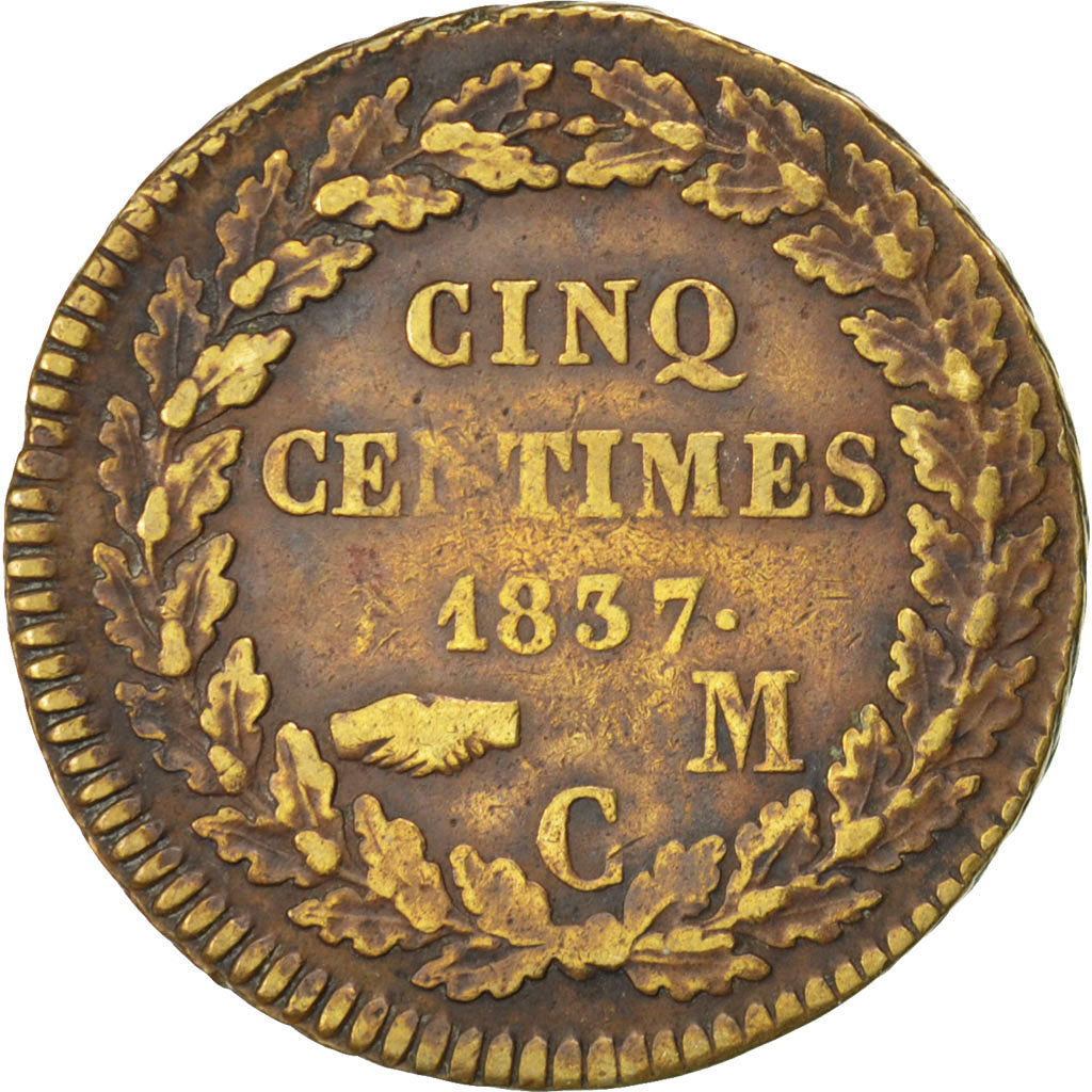 MONACO, 5 Centimes, Cinq, 1837, Monaco, KM #95.2, VF(30-35), Cast Brass,...