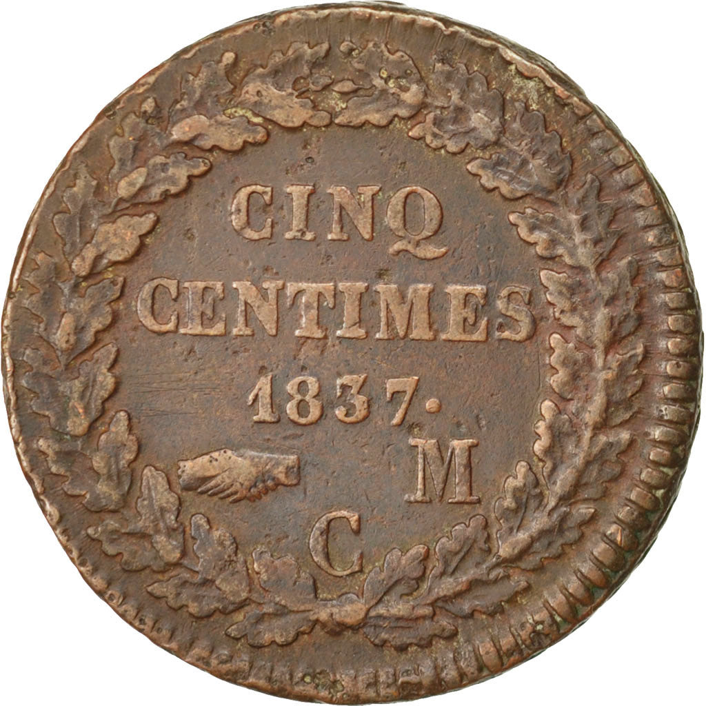 MONACO, 5 Centimes, Cinq, 1837, Monaco, KM #95.2, VF(20-25), Cast Brass,...