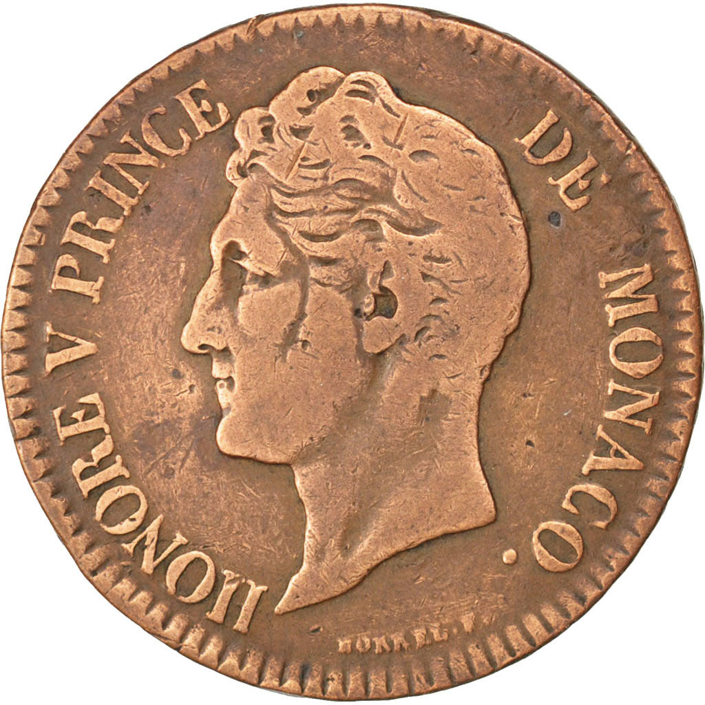 MONACO, 5 Centimes, Cinq, 1837, Monaco, KM #95.2, VF(20-25), Cast Brass,...