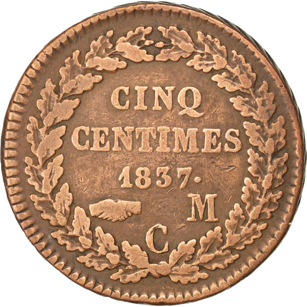 MONACO, 5 Centimes, Cinq, 1837, Monaco, KM #95.2, VF(20-25), Cast Brass,...