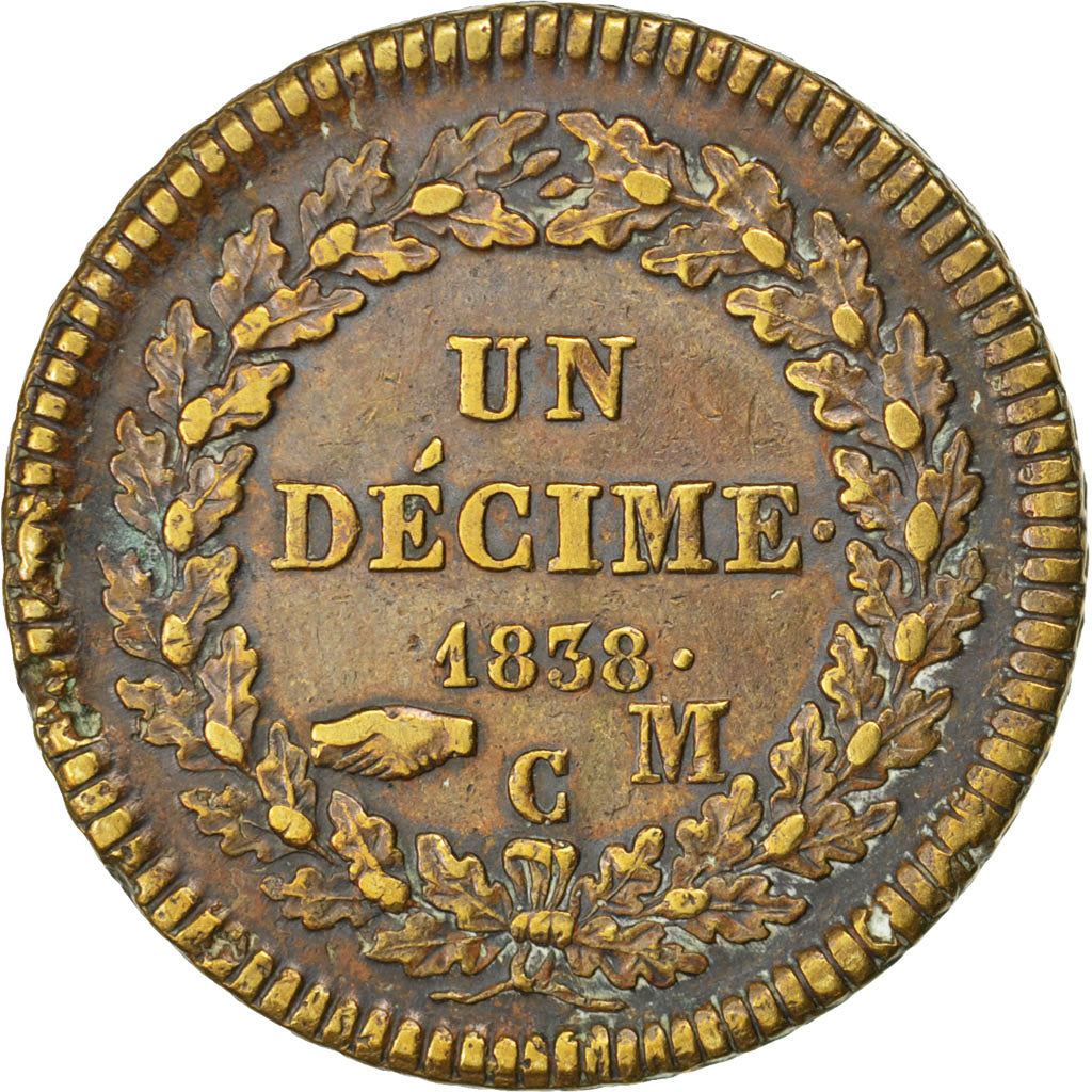 MONACO, Decime, 1838, Monaco, KM #97.1, VF(30-35), Copper, Gadoury #105, 18.73