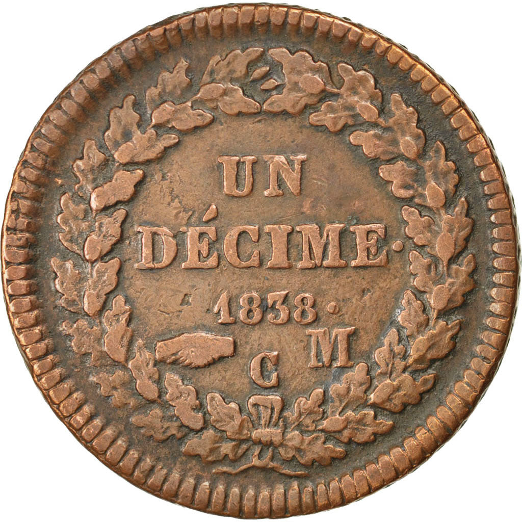 MONACO, Decime, 1838, Monaco, KM #97.1, VF(20-25), Copper, Gadoury #105, 17.46