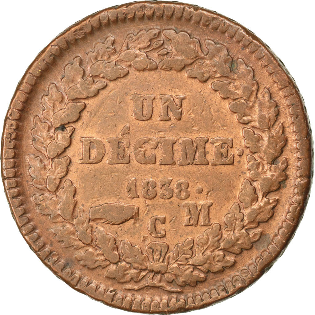 MONACO, Decime, 1838, Monaco, KM #97.1, VF(20-25), Copper, Gadoury #105, 17.63