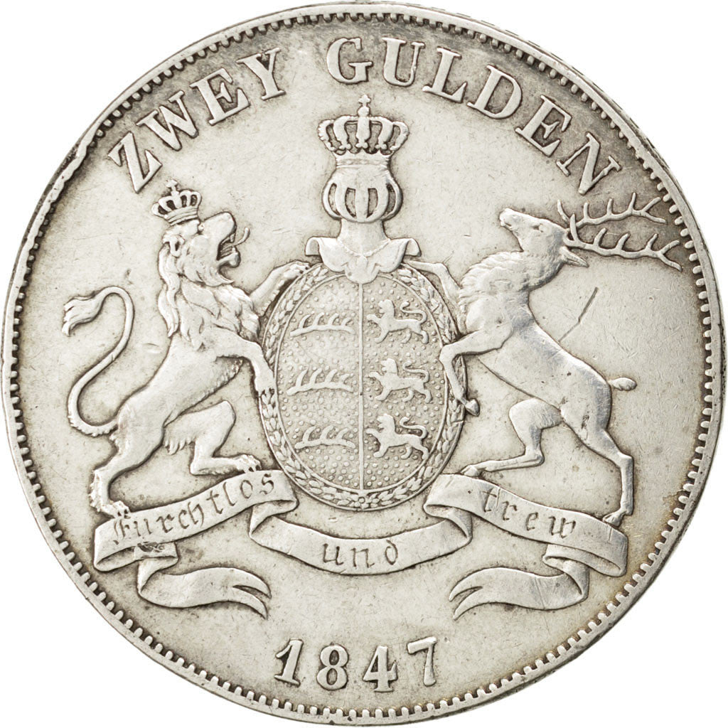 Coin, German States, WURTTEMBERG, Wilhelm I, 2 Gulden, 1847, EF(40-45), Silver