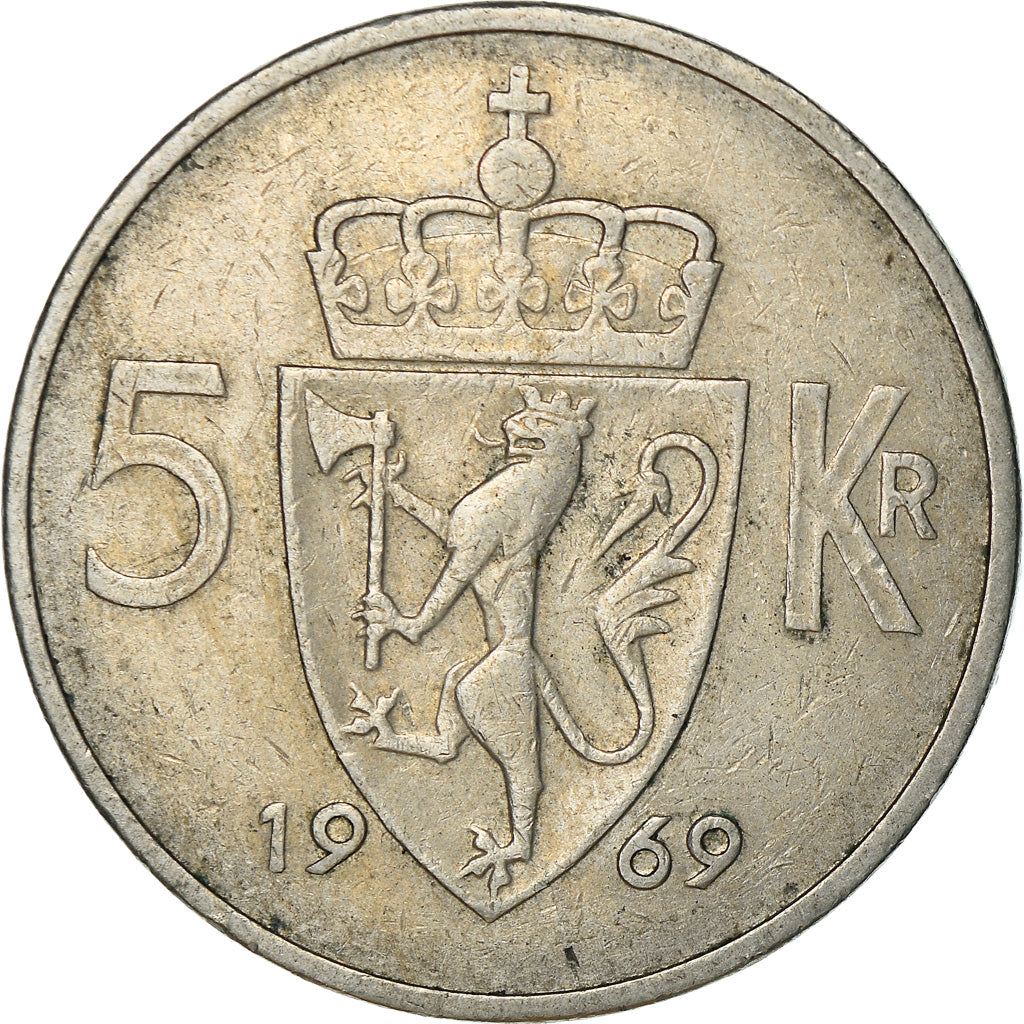Coin, Norway, Olav V, 5 Kroner, 1969, EF(40-45), Copper-nickel, KM:412