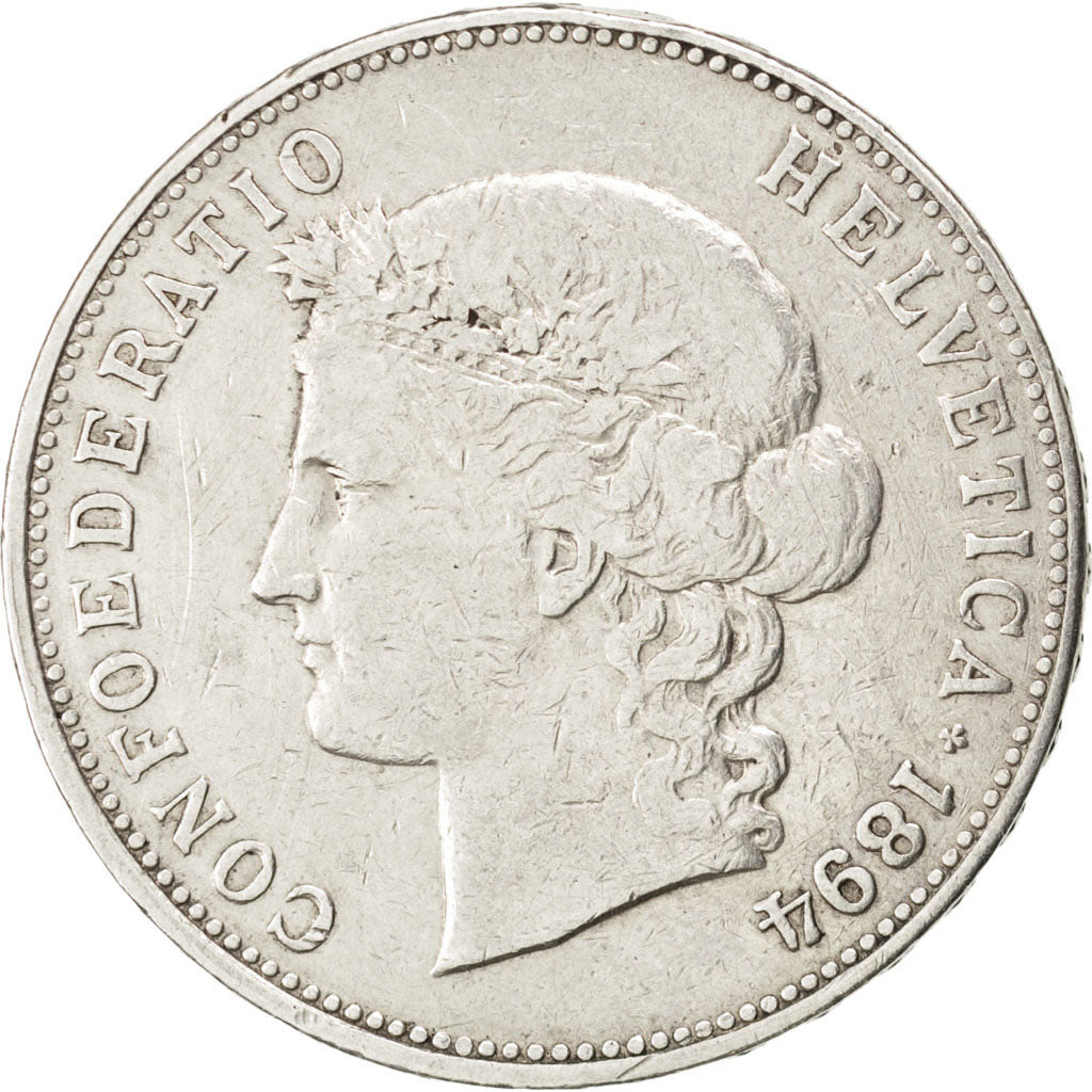SWITZERLAND, 5 Francs, 1894, Bern, KM #34, VF(30-35), Silver, 37, 24.83