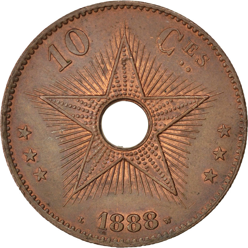CONGO FREE STATE, 10 Centimes, 1888, KM #4, AU(55-58), Copper, 35, 19.78