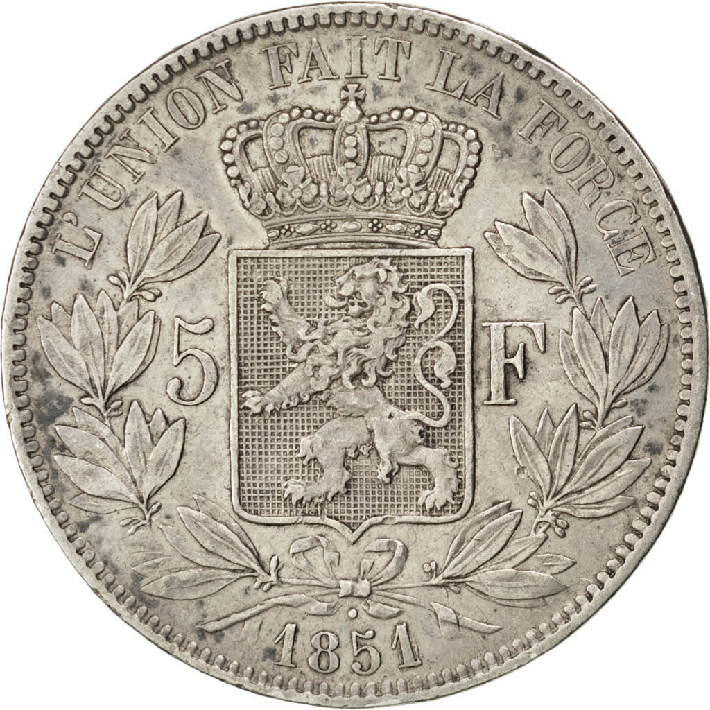 BELGIUM, 5 Francs, 5 Frank, 1851, KM #17, EF(40-45), Silver, 24.83