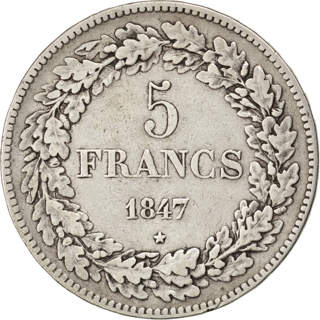 BELGIUM, 5 Francs, 5 Frank, 1847, KM #3.2, VF(20-25), Silver, 24.84