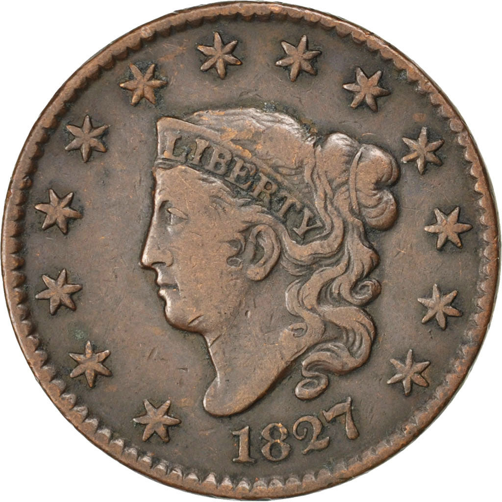 UNITED STATES, Coronet Cent, Cent, 1827, U.S. Mint, KM #45, EF(40-45), Copper,..