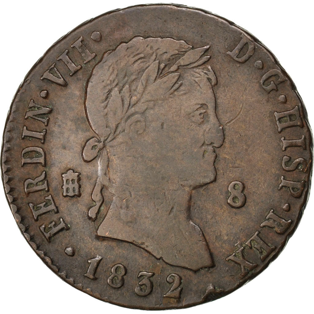 SPAIN, 8 Maravedis, 1832, Segovia, KM #486.1, VF(30-35), Copper, 11.66