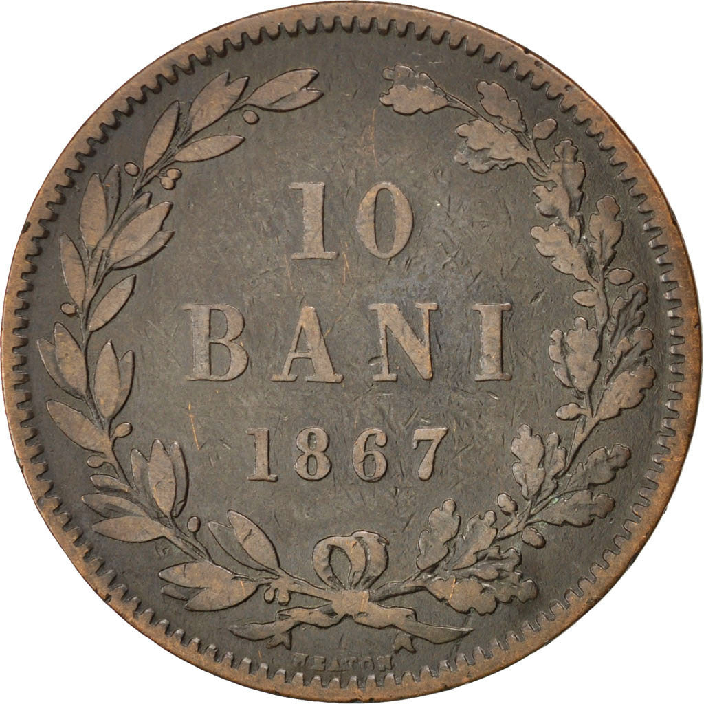 ROMANIA, 10 Bani, 1867, Heaton, KM #4.1, VF(30-35), Copper, 30, 9.72