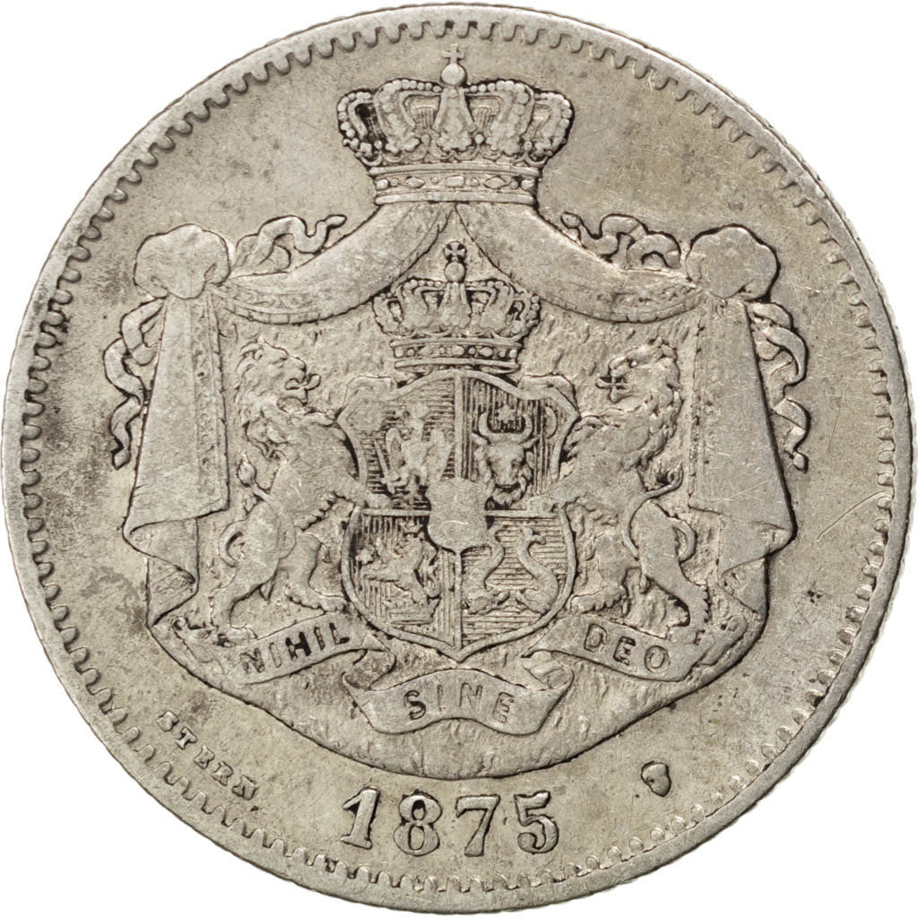 ROMANIA, 2 Lei, 1875, KM #8, EF(40-45), Silver, 9.84