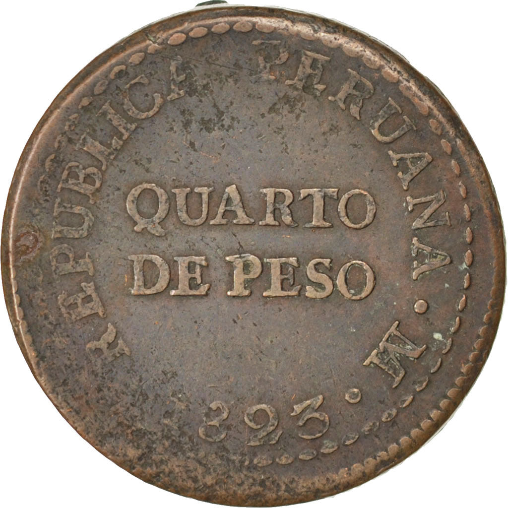 PERU, 1/4 Peso, Quarto De; 2 Reales, 1823, Lima, KM #138, VF(20-25), Copper,...