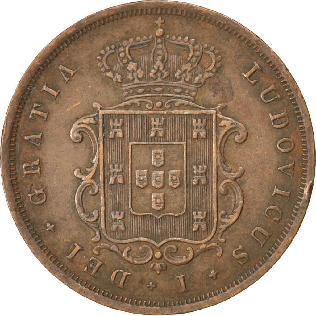 PORTUGAL, 10 Reis, 1867, KM #514, EF(40-45), Copper, 12.56