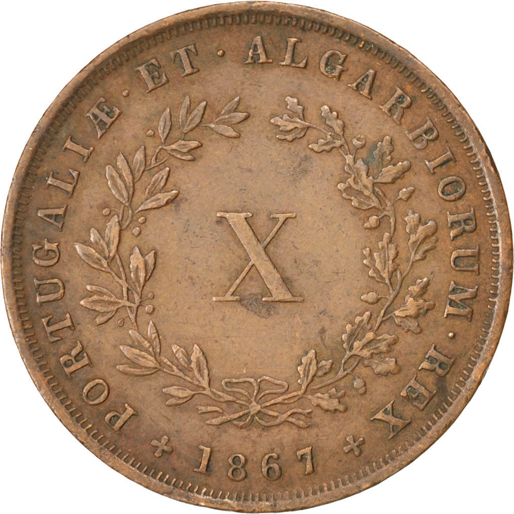 PORTUGAL, 10 Reis, 1867, KM #514, EF(40-45), Copper, 12.56