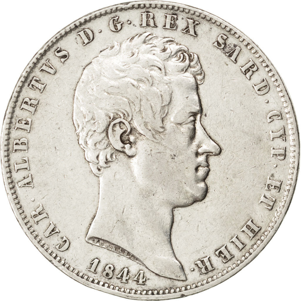ITALIAN STATES, 5 Lire, 1844, Genoa, KM #130.2, EF(40-45), Silver, 37, 24.96