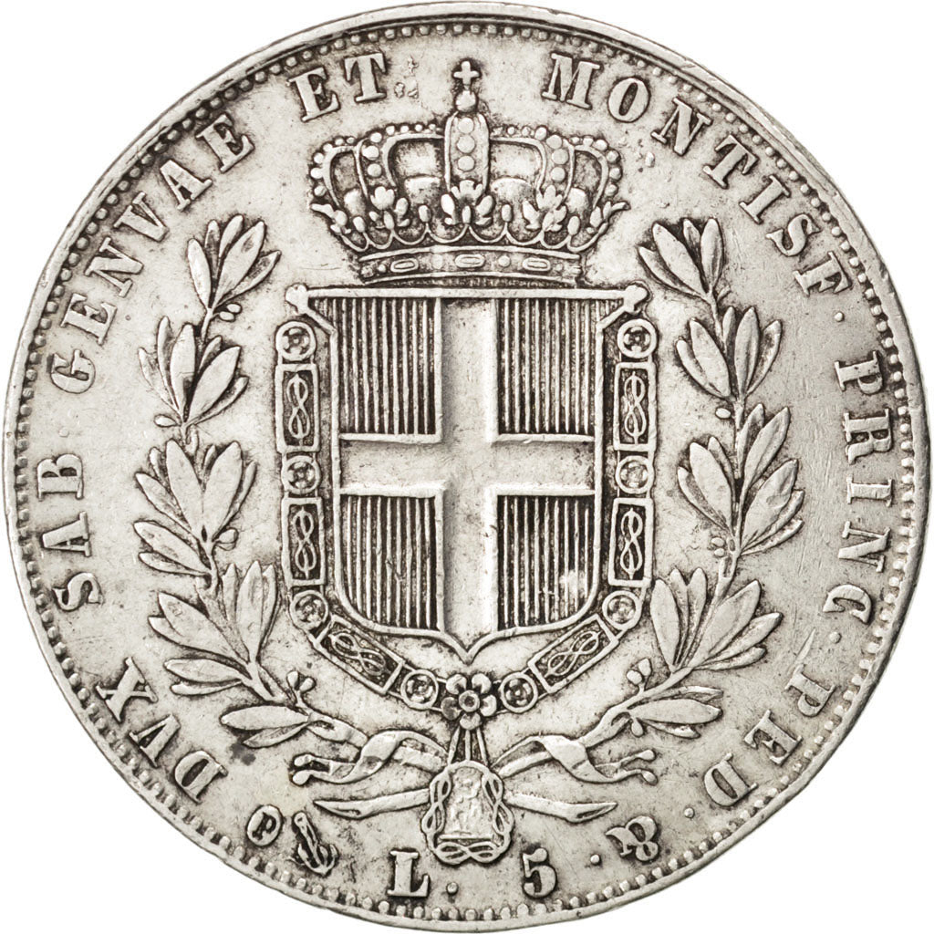 ITALIAN STATES, 5 Lire, 1844, Genoa, KM #130.2, EF(40-45), Silver, 37, 24.96