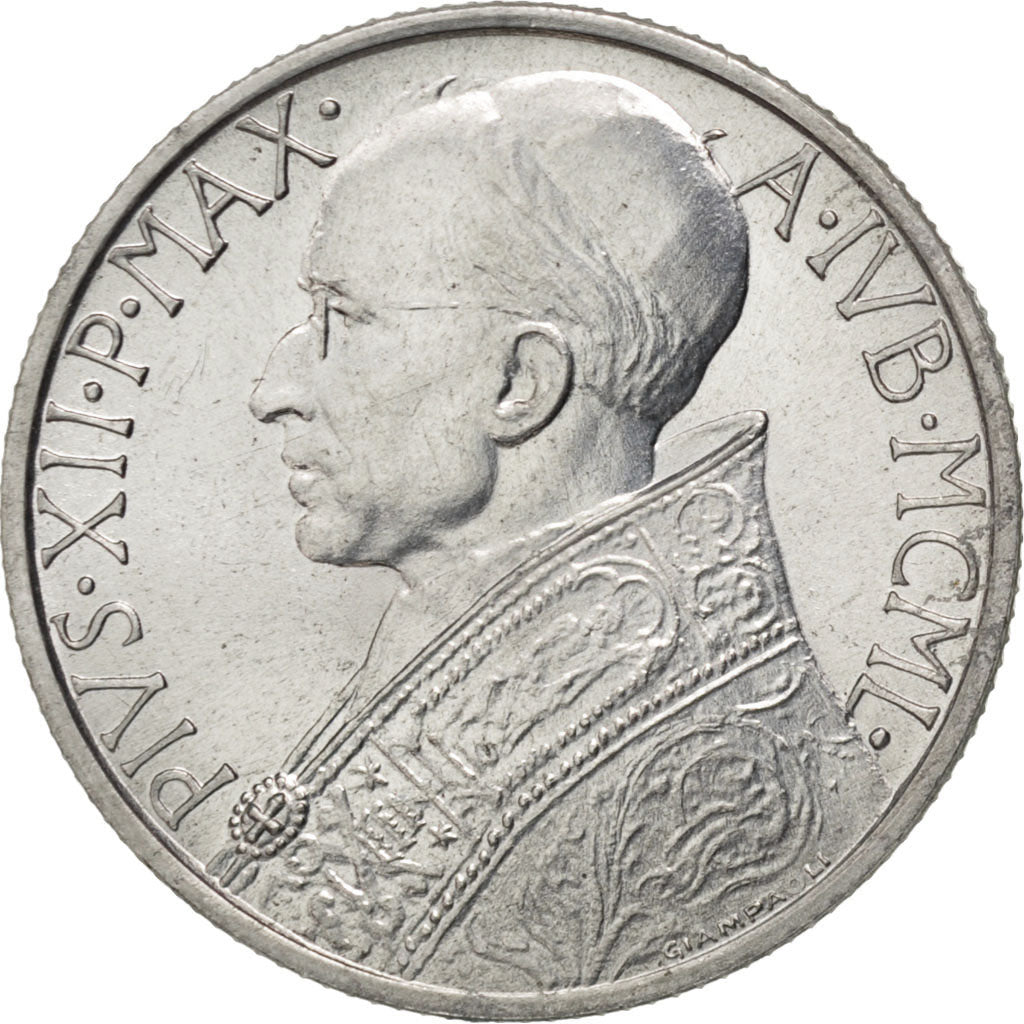 VATICAN CITY, 5 Lire, 1950, KM #46, AU(55-58), Aluminum, 26.5, 2.50