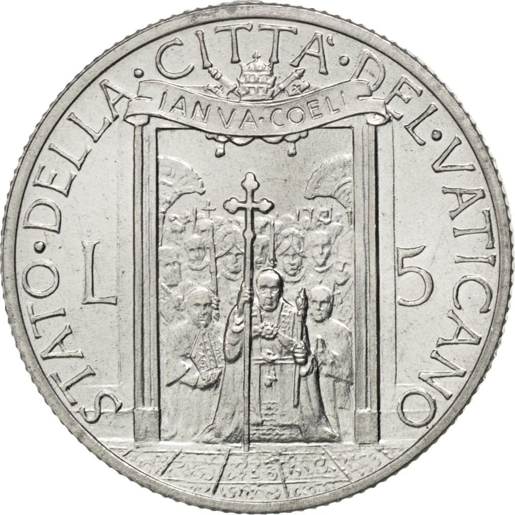 VATICAN CITY, 5 Lire, 1950, KM #46, AU(55-58), Aluminum, 26.5, 2.50