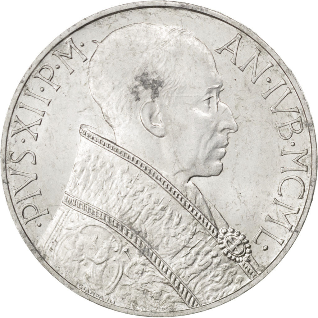 VATICAN CITY, 10 Lire, 1950, KM #47, AU(55-58), Aluminum, 29, 2.96