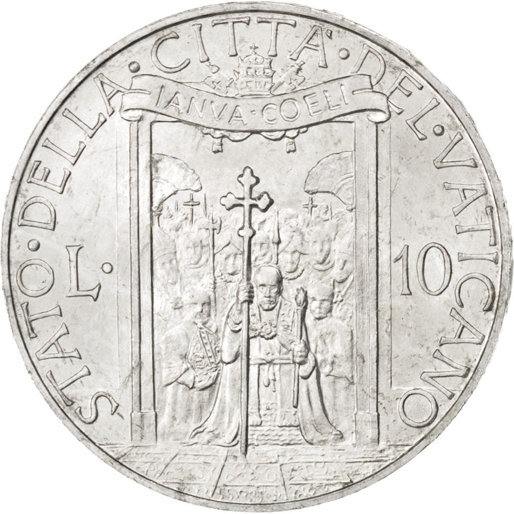 VATICAN CITY, 10 Lire, 1950, KM #47, AU(55-58), Aluminum, 29, 2.96