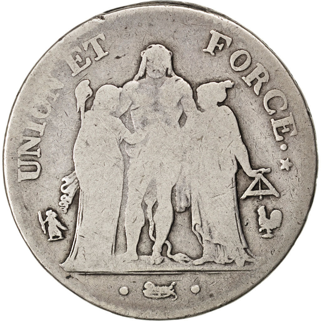 FRANCE, Union et Force, 5 Francs, 1799, Paris, KM #639.1, F(12-15), Silver,...