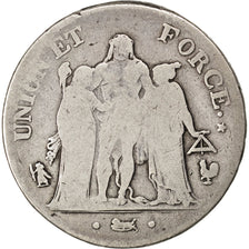 FRANCE, Union et Force, 5 Francs, 1799, Paris, KM #639.1, F(12-15), Silver,...
