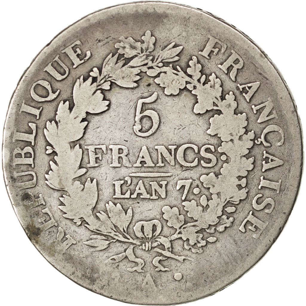 FRANCE, Union et Force, 5 Francs, 1799, Paris, KM #639.1, F(12-15), Silver,...