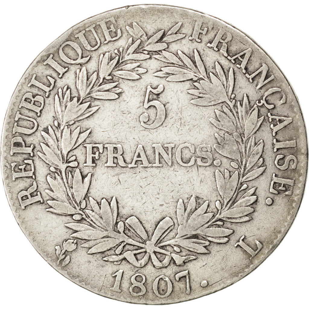 FRANCE, Napoléon I, 5 Francs, 1807, Bayonne, KM #673.8, VF(30-35), Silver, G...