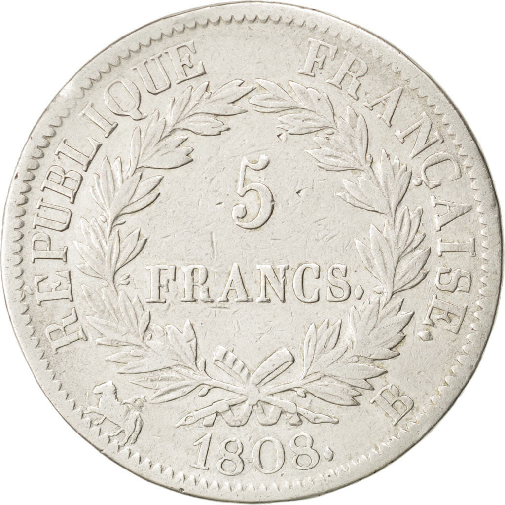 FRANCE, Napoléon I, 5 Francs, 1808, Rouen, KM #686.2, EF(40-45), Silver, Gadoury