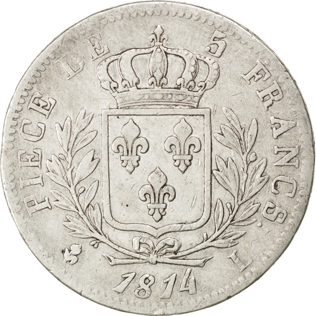 FRANCE, Louis XVIII, 5 Francs, 1814, Bayonne, KM #702.8, VF(30-35), Silver,...
