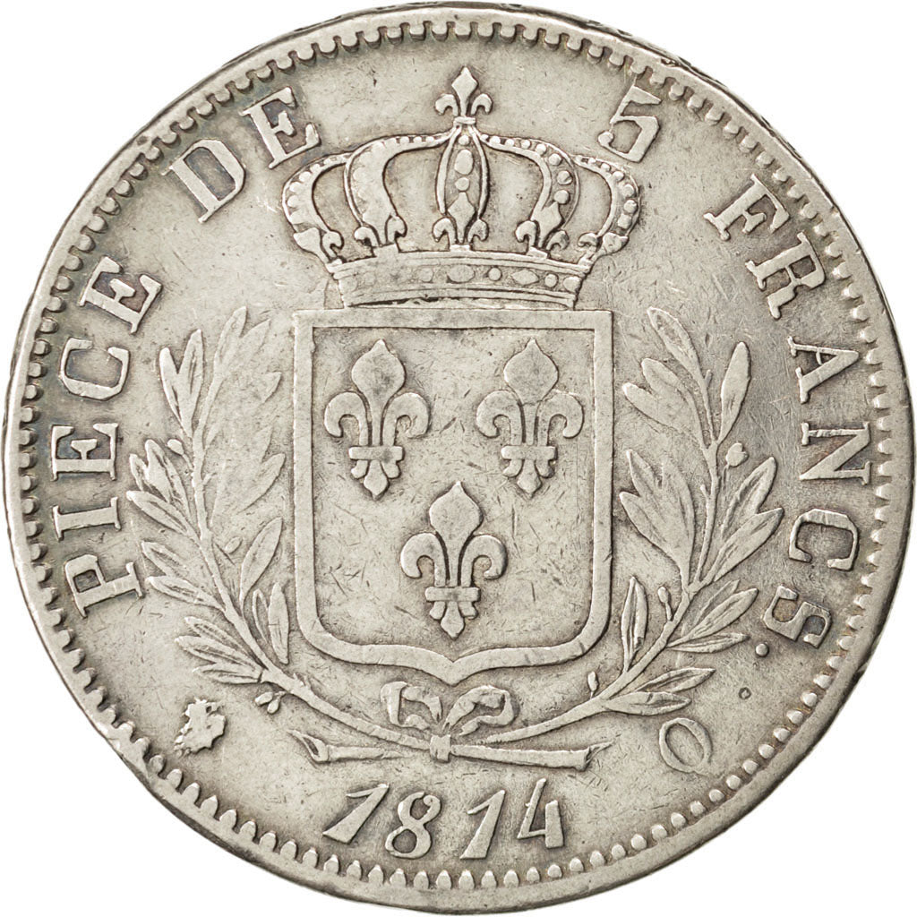 FRANCE, Louis XVIII, 5 Francs, 1814, Paris, KM #702.1, VF(30-35), Silver,...